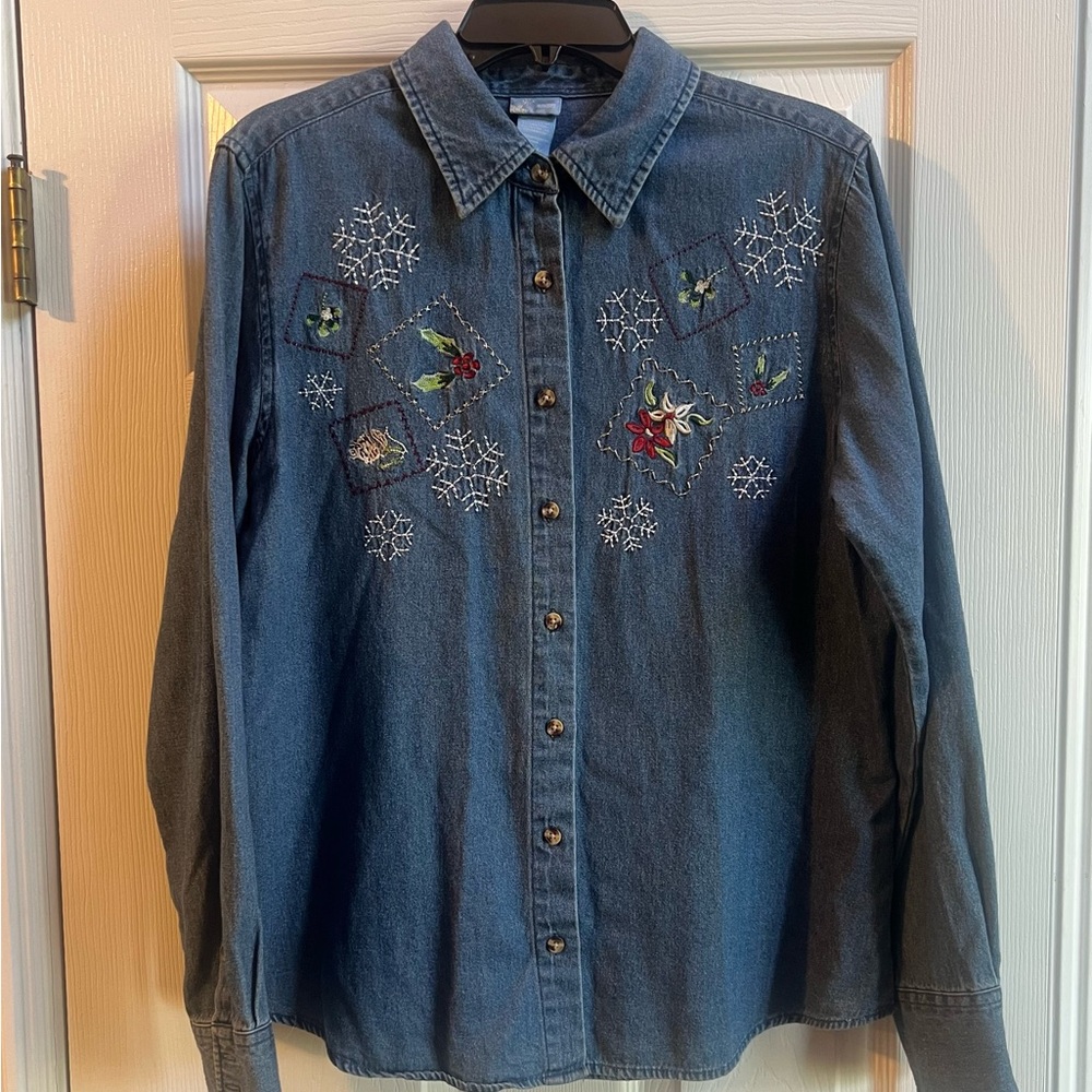 Holiday Editions Blue Denim embroidered Christmas Shirt
